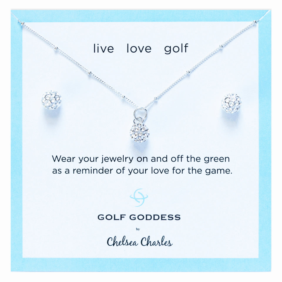  Golf Goddess Silver Golf Ball Necklace and Earrings Gift Set by Chelsea Charles