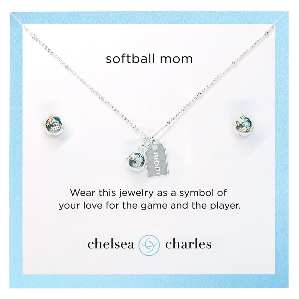 CC Sport Silver Softball Mom Necklace and Earrings Gift Set by Chelsea Charles