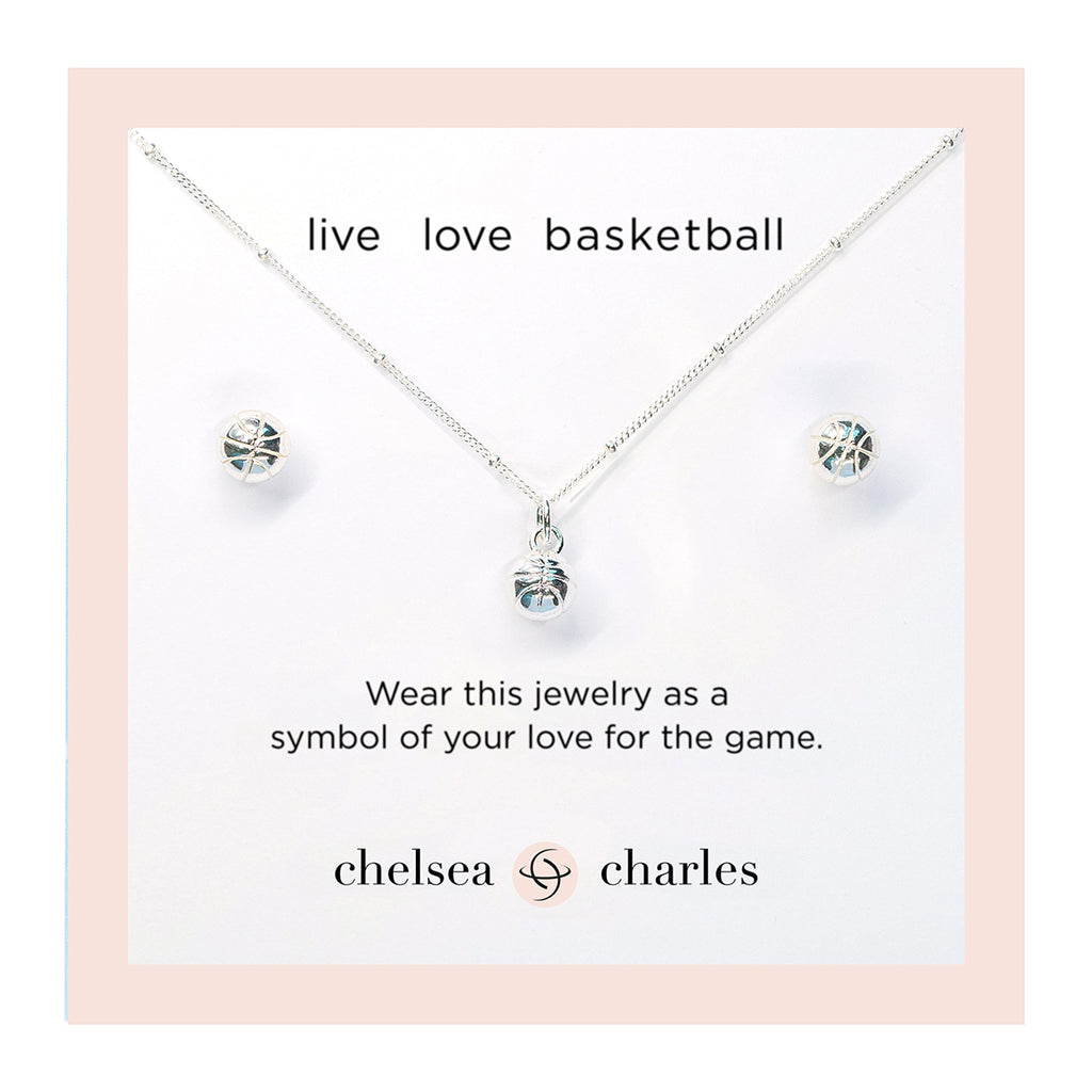CC Sport Silver Basketball Necklace and Earrings Gift Set for Little Girls & Tweens