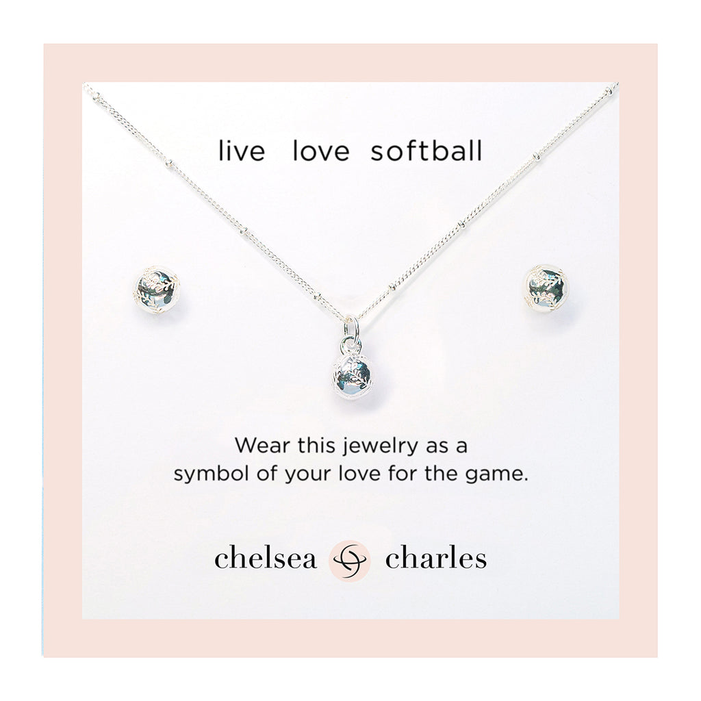 CC Sport Silver Softball Necklace and Earrings Gift Set for Little Girls & Tweens