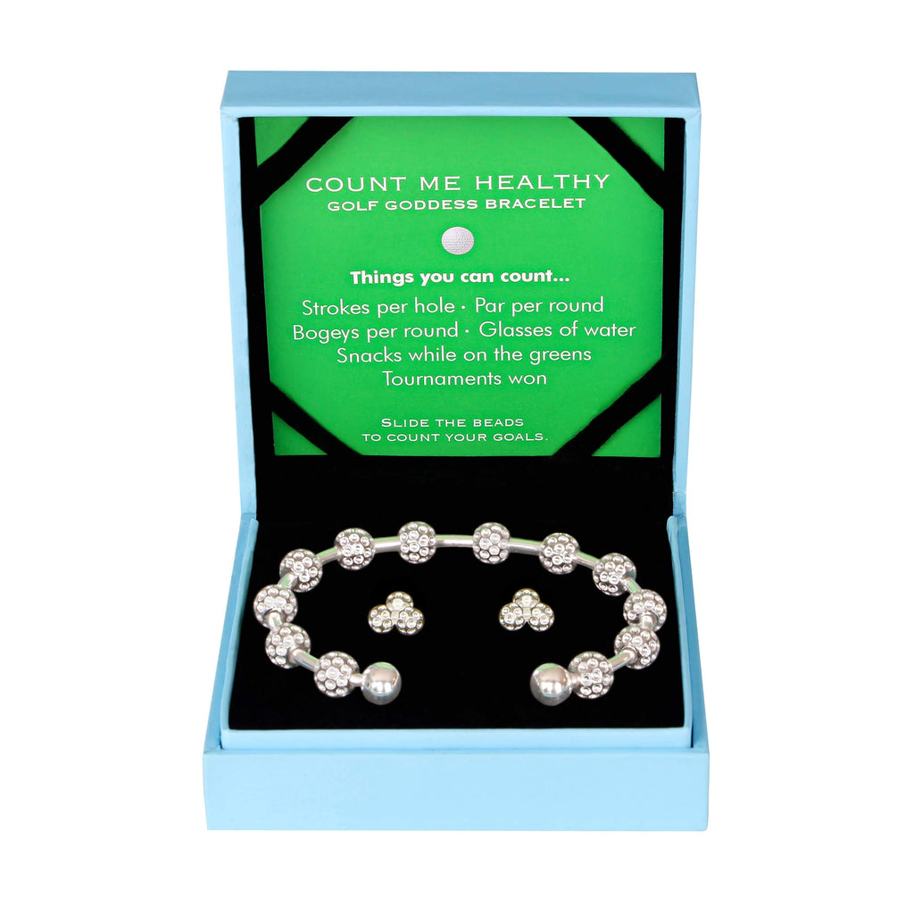 Golf Goddess Gift Set - Silver Golf Ball Bead Stroke Counter Bracelet and Silver Golf Ball Cluster Earrings