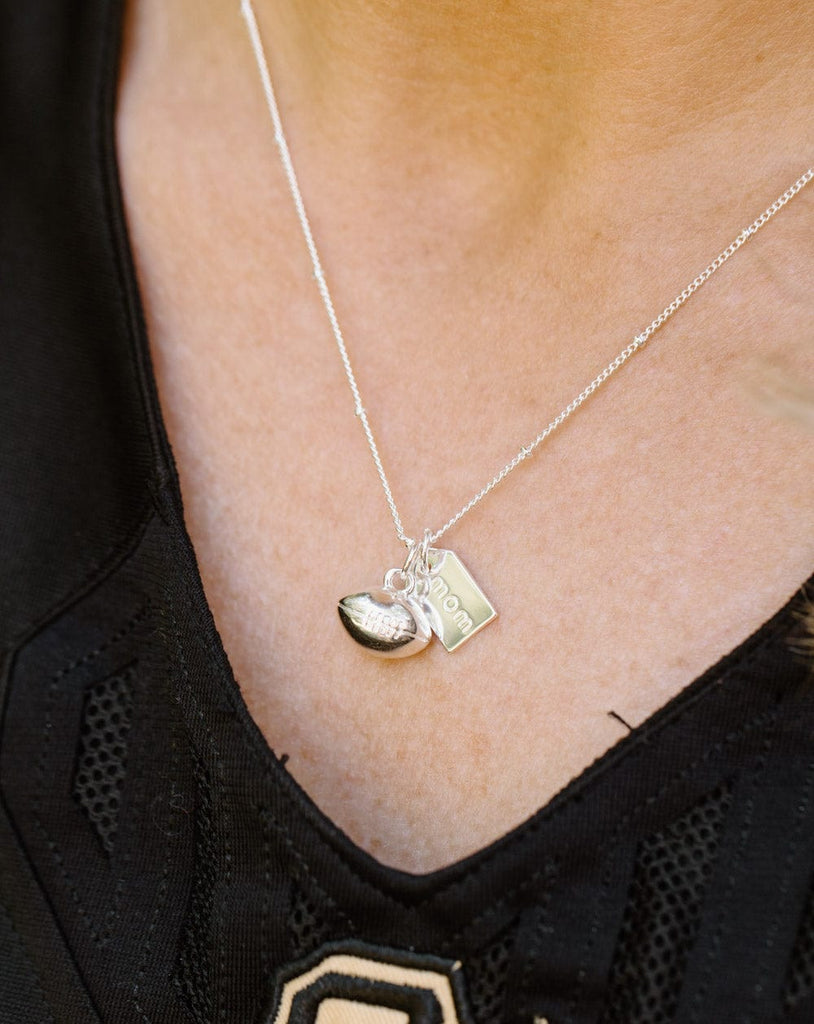 Football mom double charm silver necklace up close