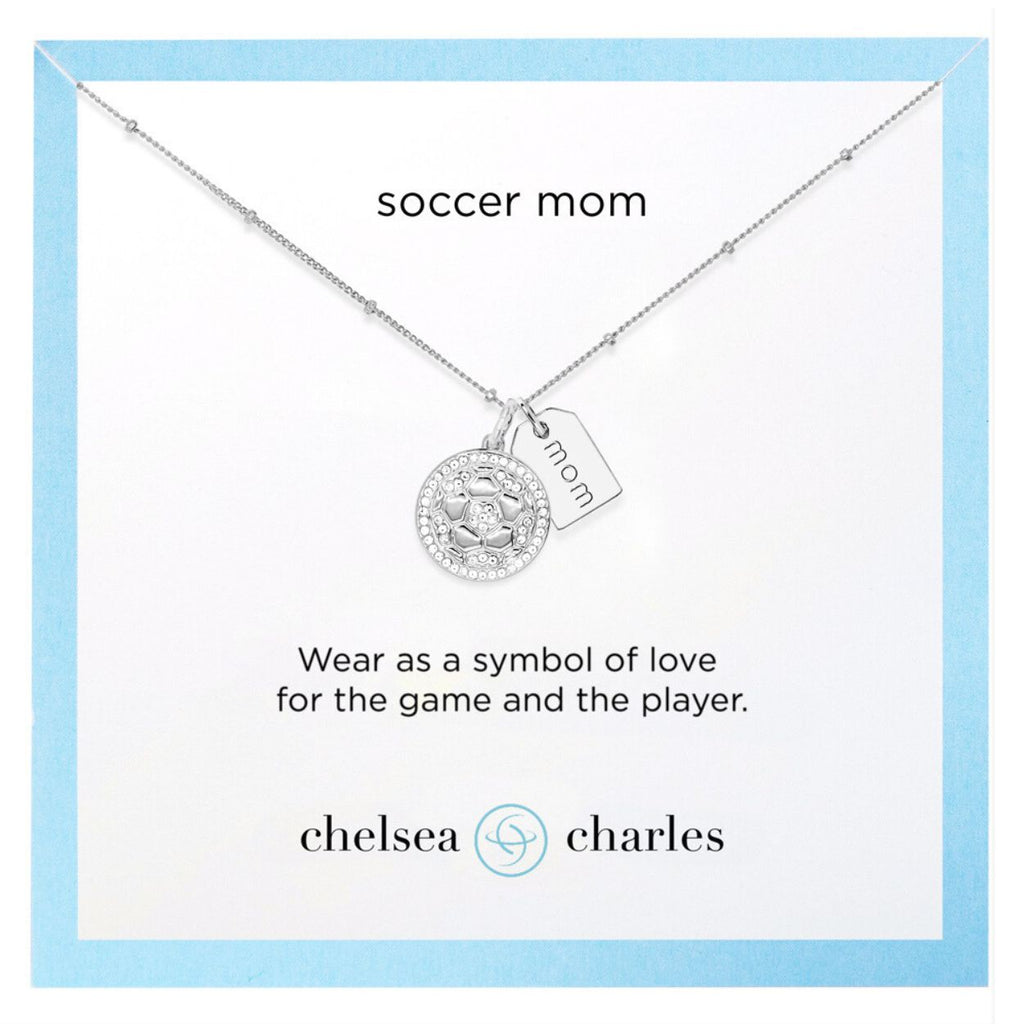 silver pave soccer mom double charm necklace carded on Chelsea Charles jewelry stationery.