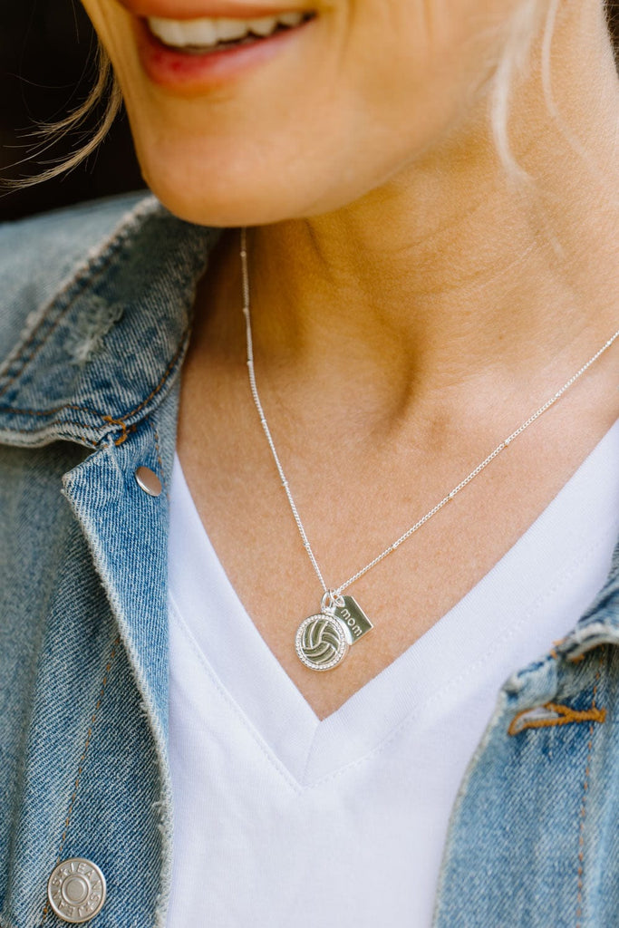 Silver Pavé Volleyball Mom Double Charm Necklace