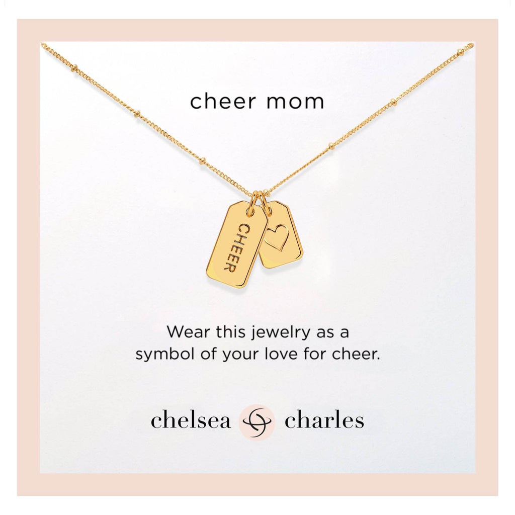 Cheer Mom Double Charm Gold Necklace with heart showing by Chelsea Charles