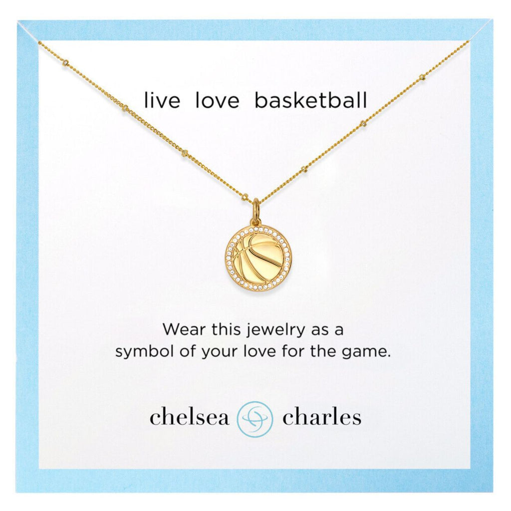 Gold basketball necklace on a basketball card by Chelsea Charles