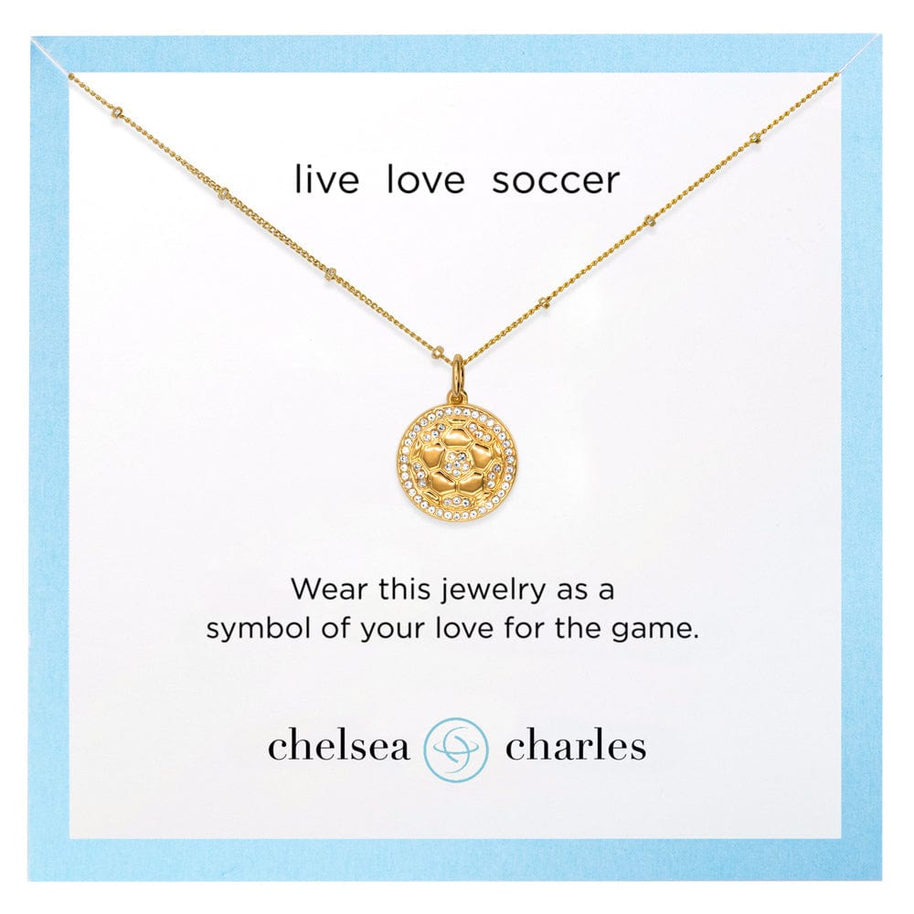 gold pave soccer necklace carded on live love soccer stationery by Chelsea Charles