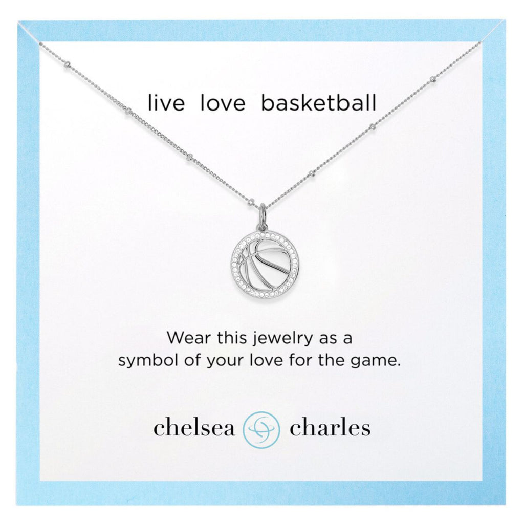 Silver and crystal basketball necklace by Chelsea Charles on jewelry stationary card