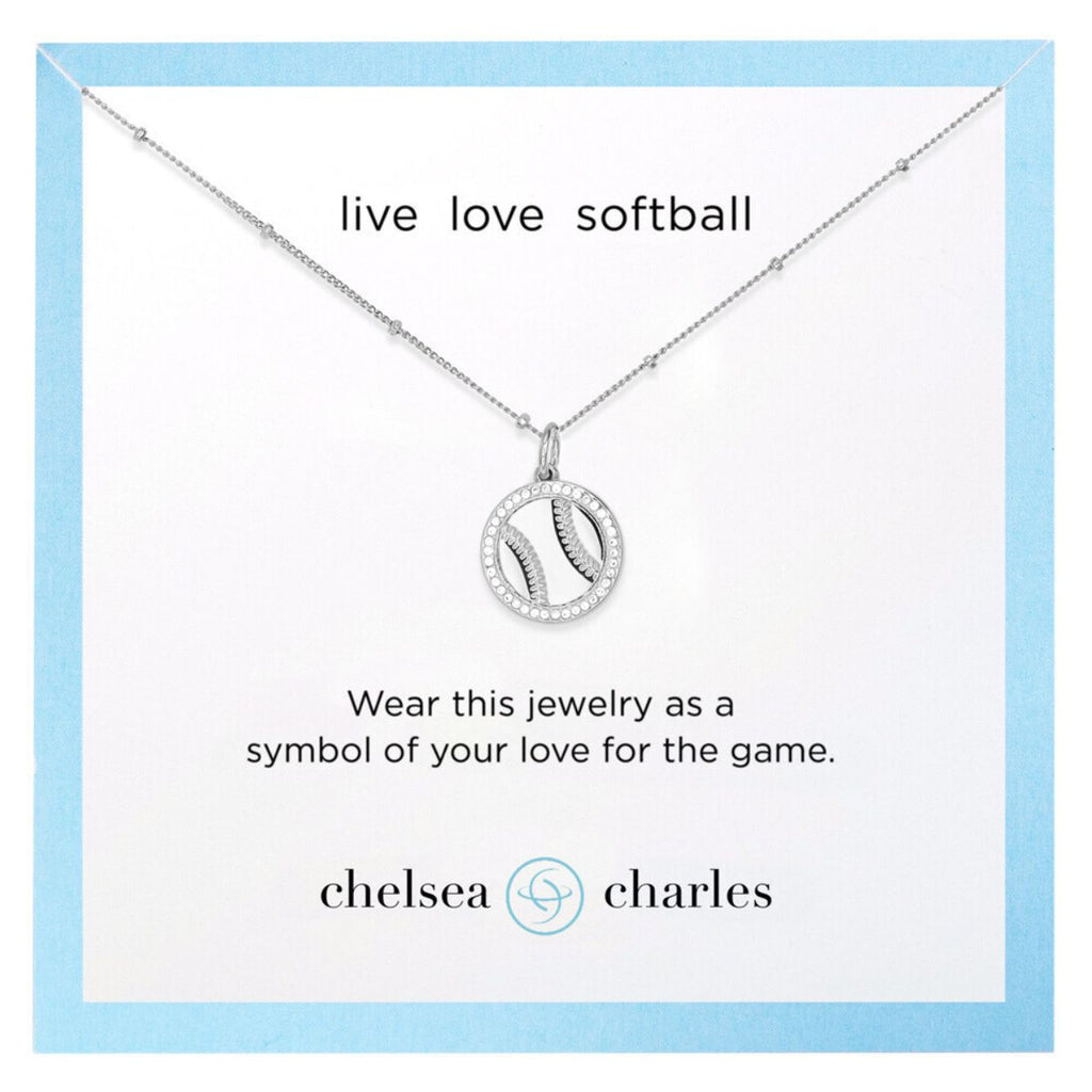 Silver pave softball necklace carded on a Chelsea Charles live love softball card