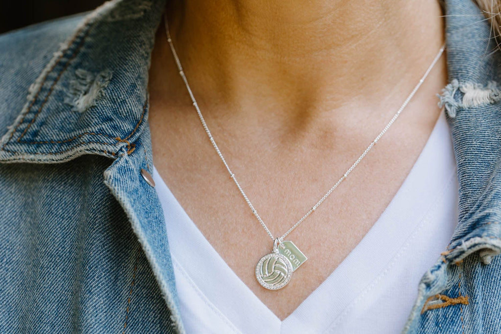 Silver Pavé Volleyball Mom Double Charm Necklace
