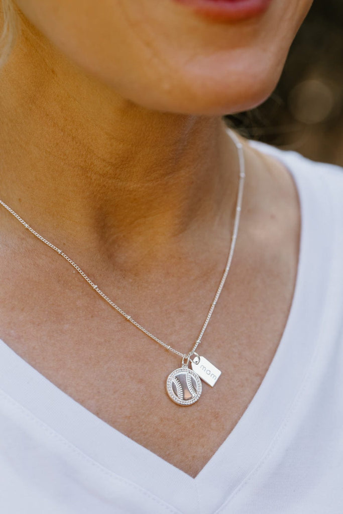 Silver Pavé Baseball Mom Double Charm Necklace