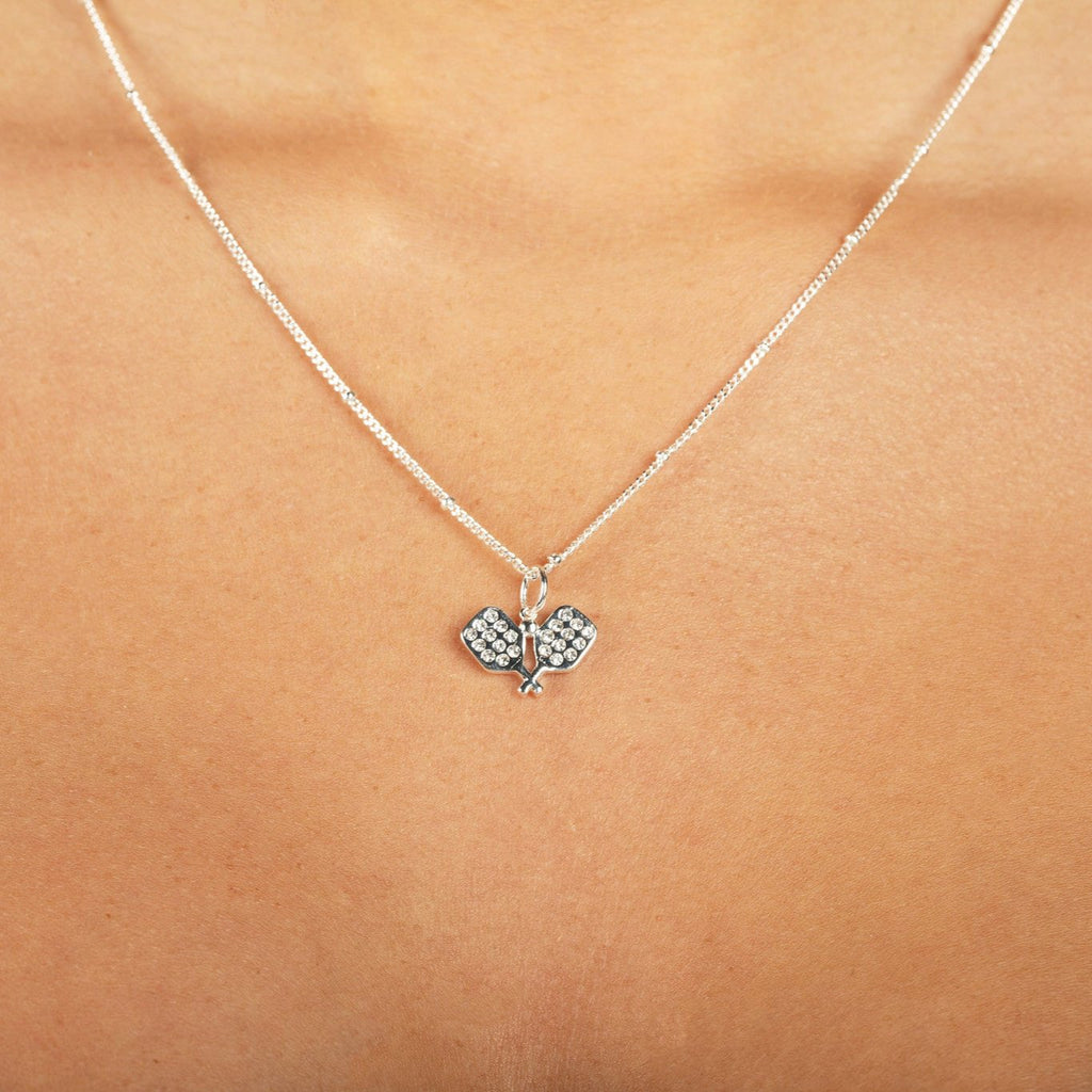 Silver Pickleball Charm necklace with crystals