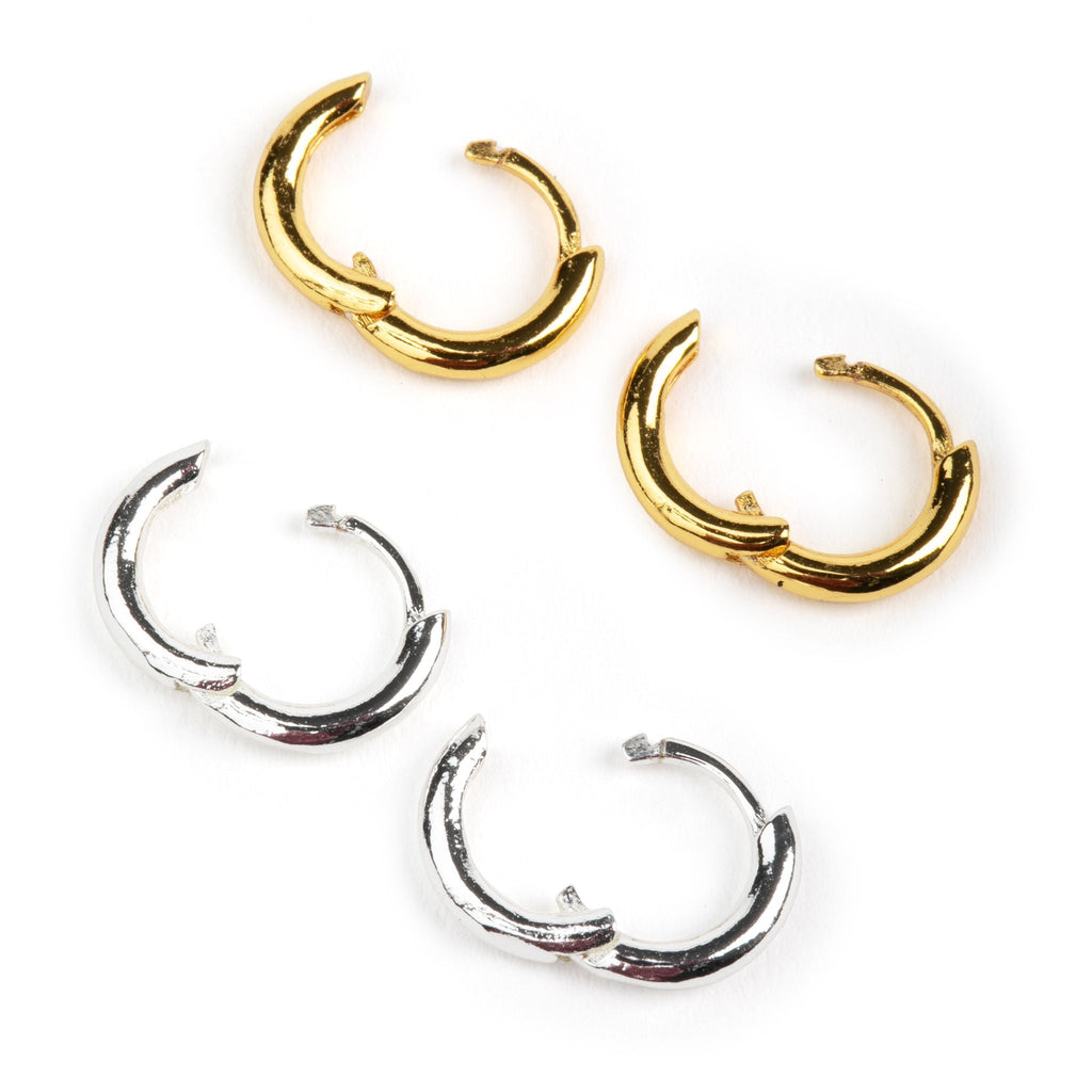 The Perfect Silver and Gold Huggie Hoops open by Chelsea Charles