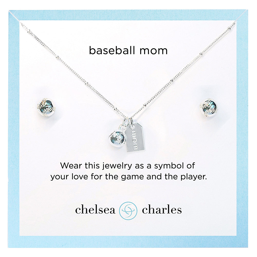 CC Sport Silver Baseball Mom Double Charm Necklace and Earring Gift Set by Chelsea Charles