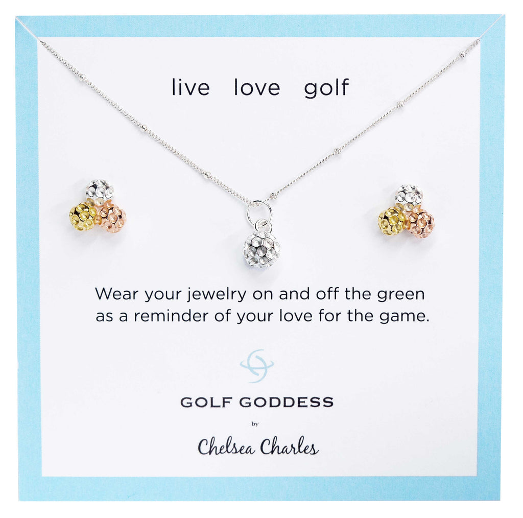 Golf Goddess Silver Golf Ball Necklace and Tricolor Golf Ball Cluster Earrings Gift Set by Chelsea Charles
