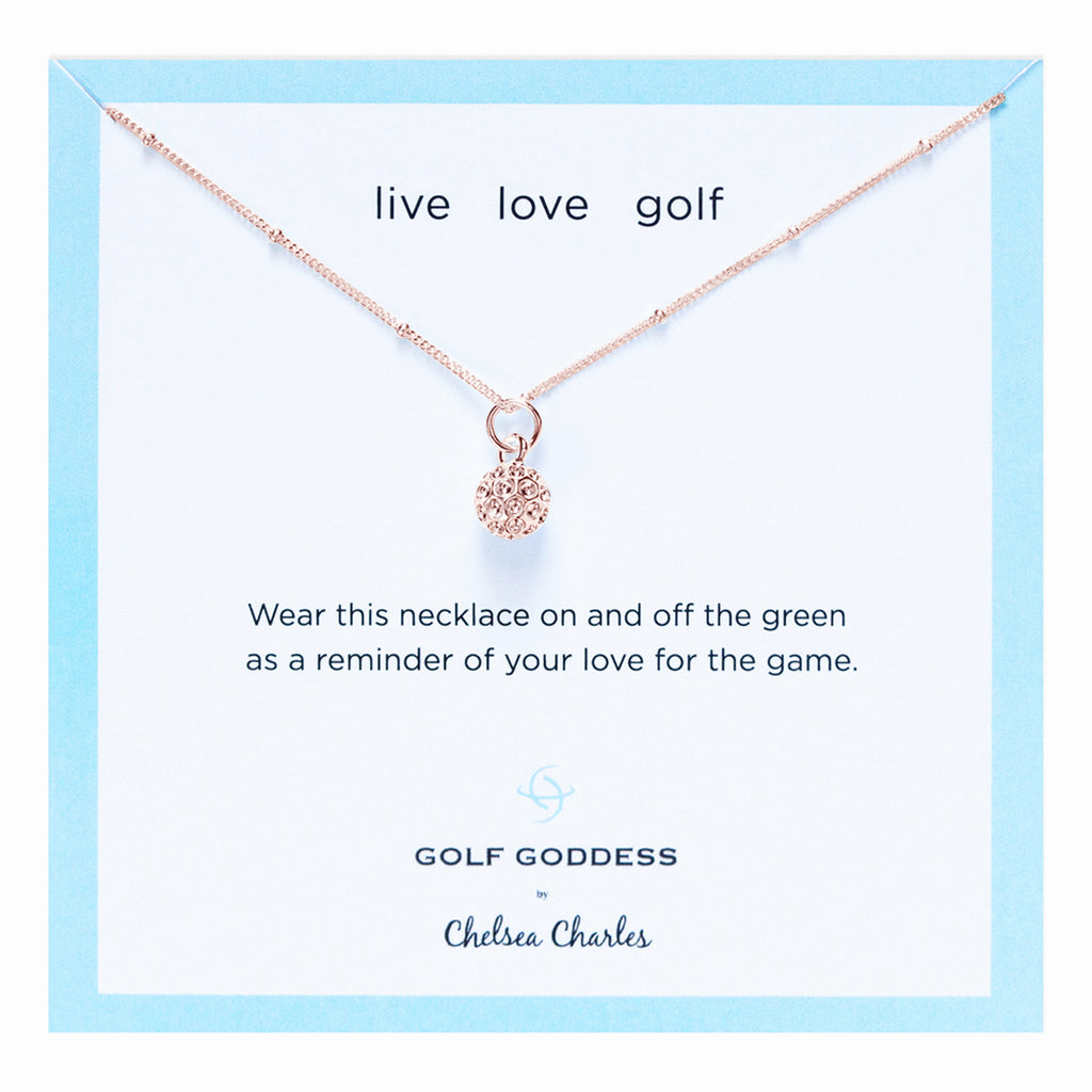 rose gold golf ball charm necklace by Chelsea Charles