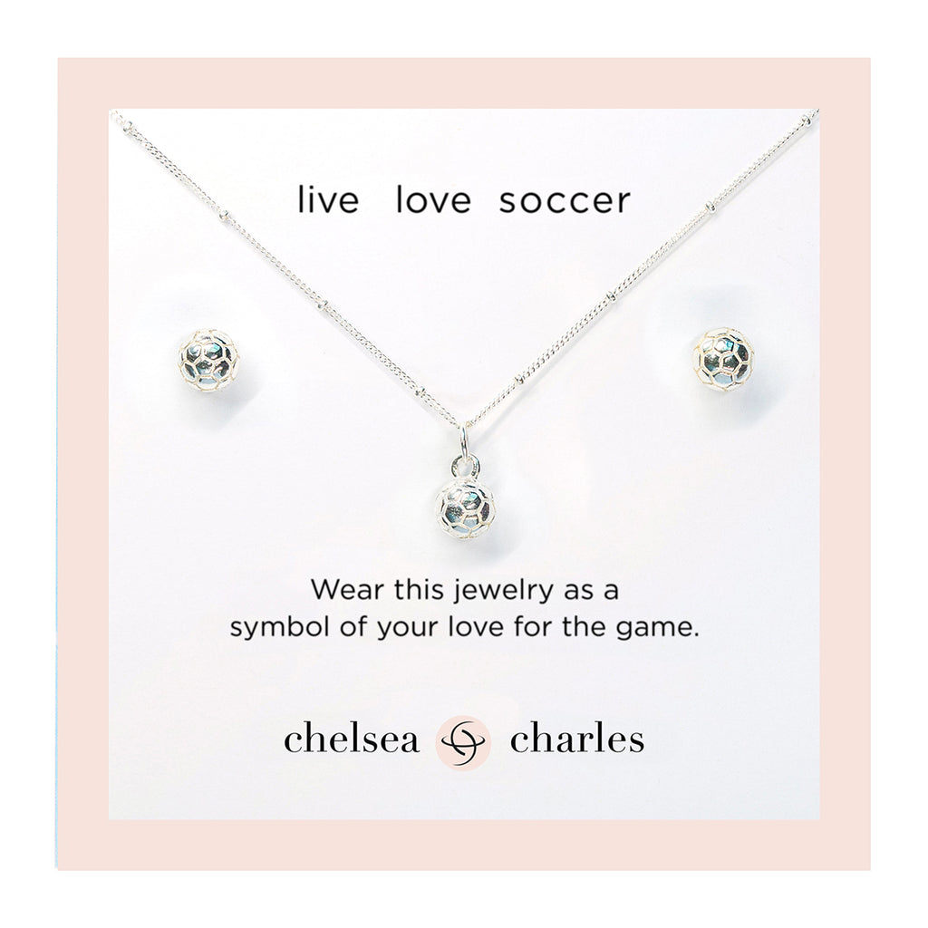 CC Sport Silver Soccer Necklace and Earrings Gift Set for Little Girls & Tweens