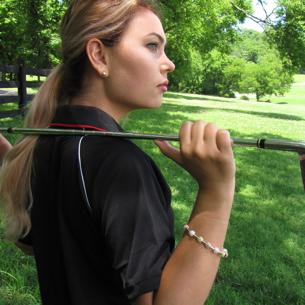 Golf Goddess Gift Set - Tricolor Golf Ball Bead Stroke Counter Bracelet and Gold Golf Ball Earrings