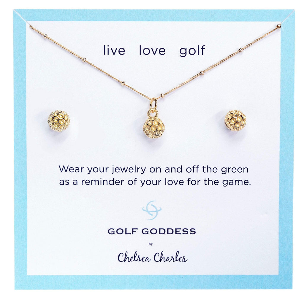 Golf Goddess Gold Golf Ball Necklace and Earrings Gift Set